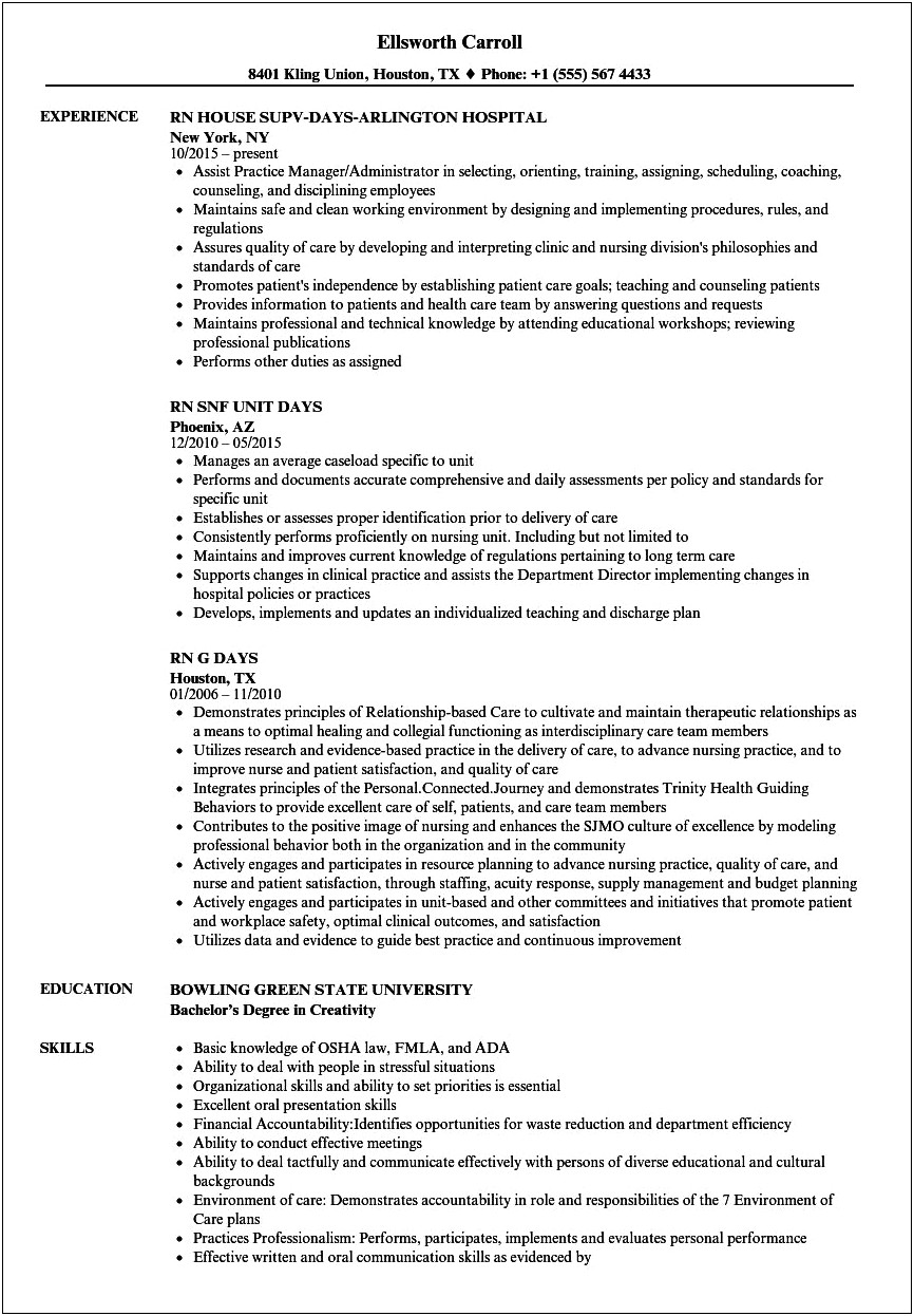 Pcu Nurse Job Description Resume