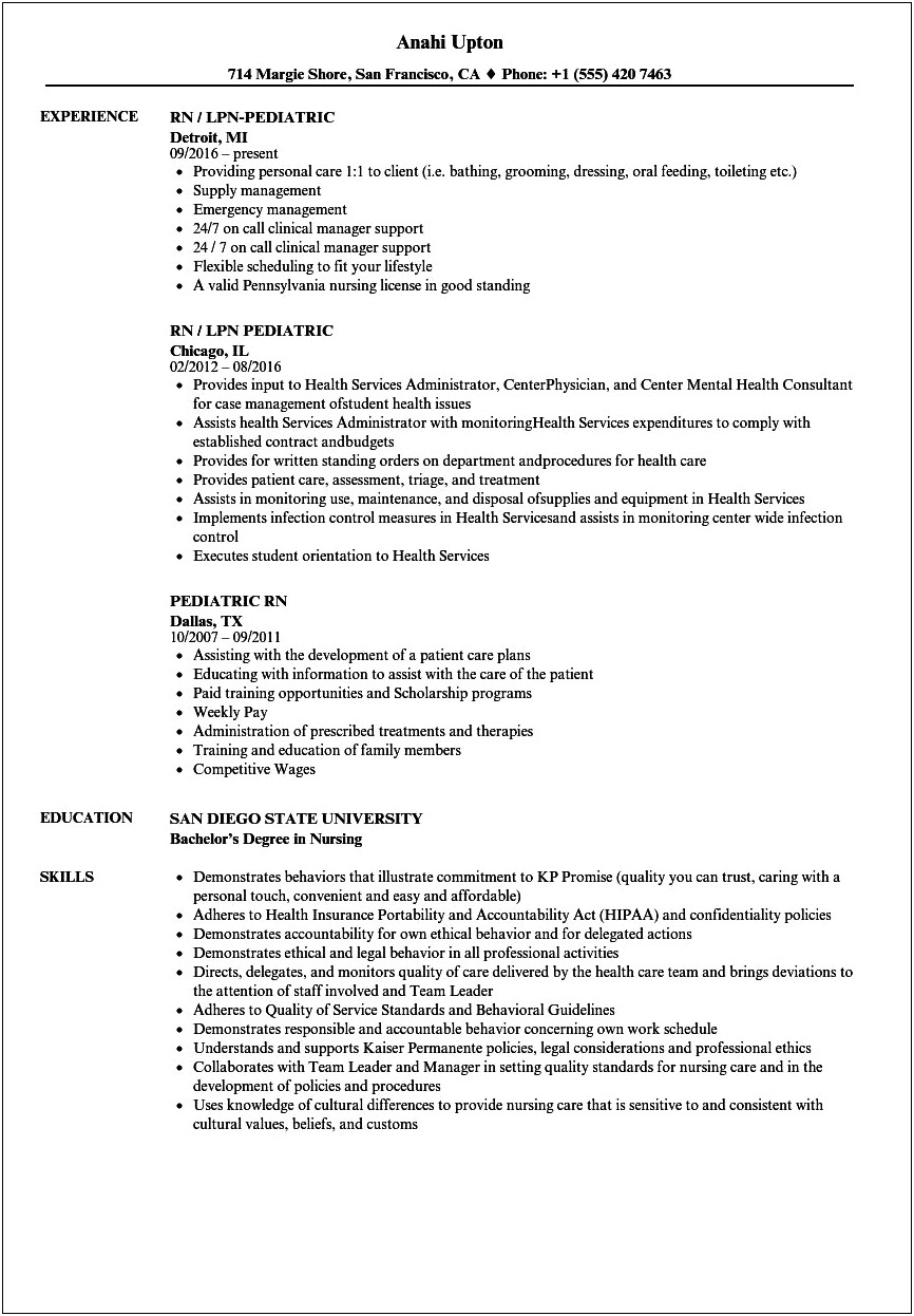 Pediatric Nurse Job Description For Resume