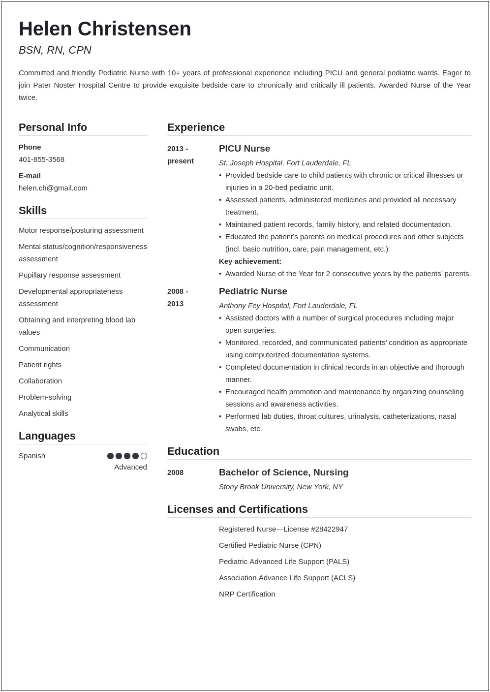 Pediatric Nurse Practitioner Sample Resume