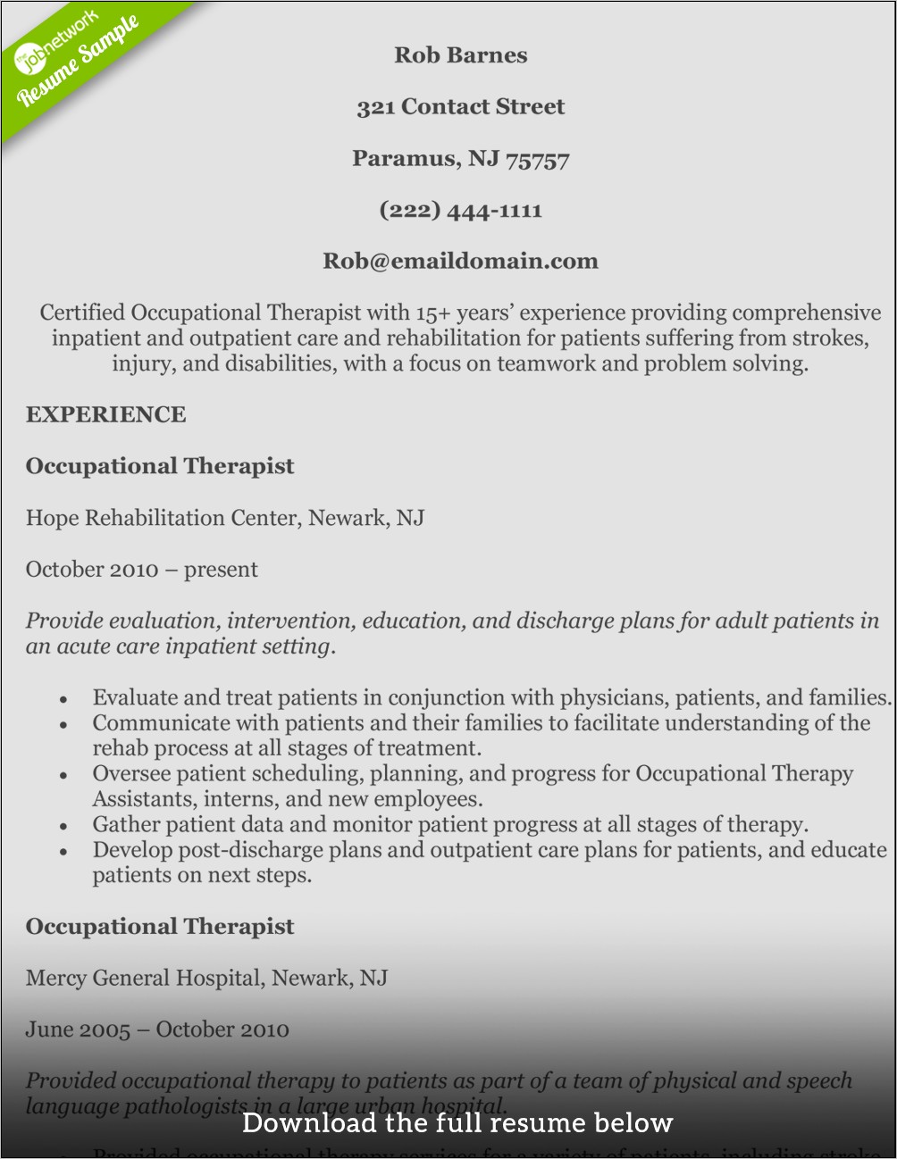 Pediatric Occupational Therapist Resume Example