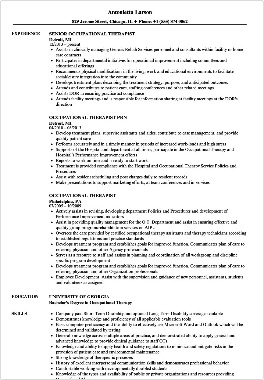 Pediatric Occupational Therapy Resume Example