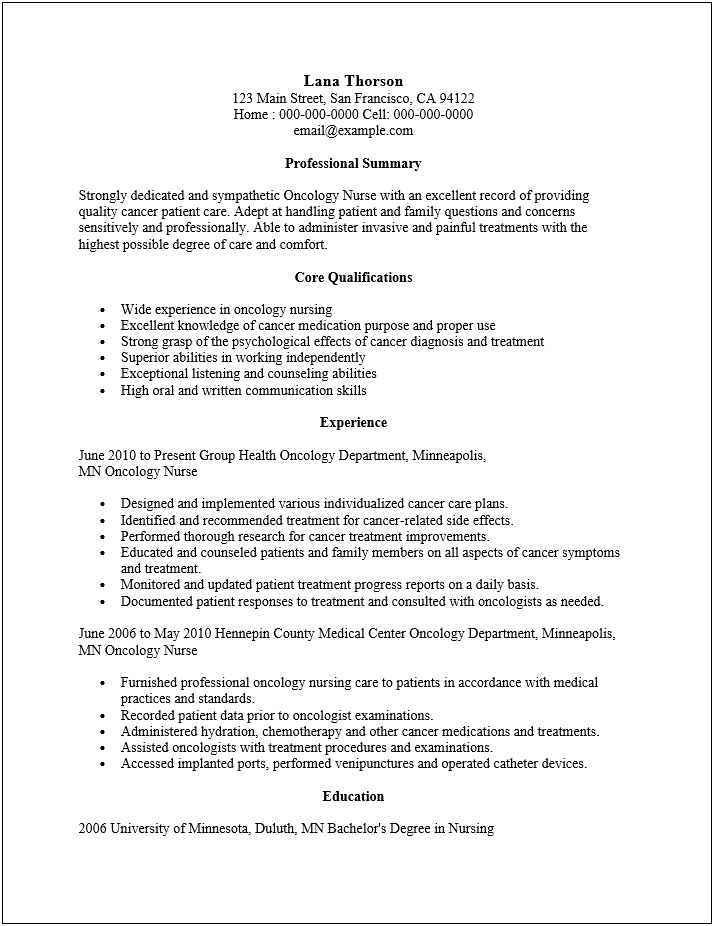 Pediatric Oncology Nurse Objective Resume