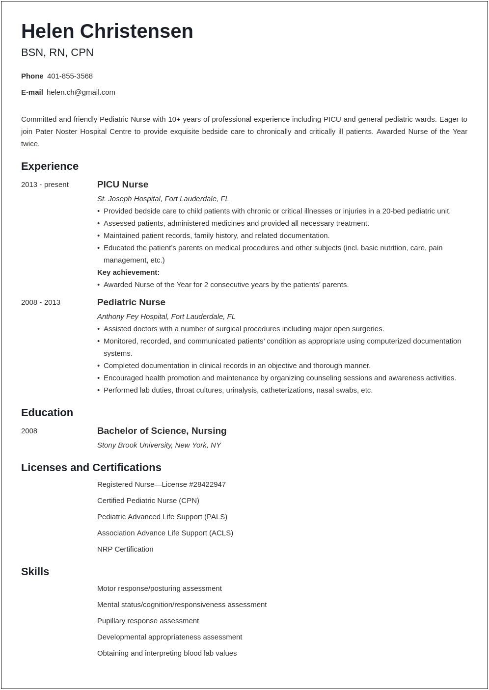Pediatric Rn Job Description For Resume