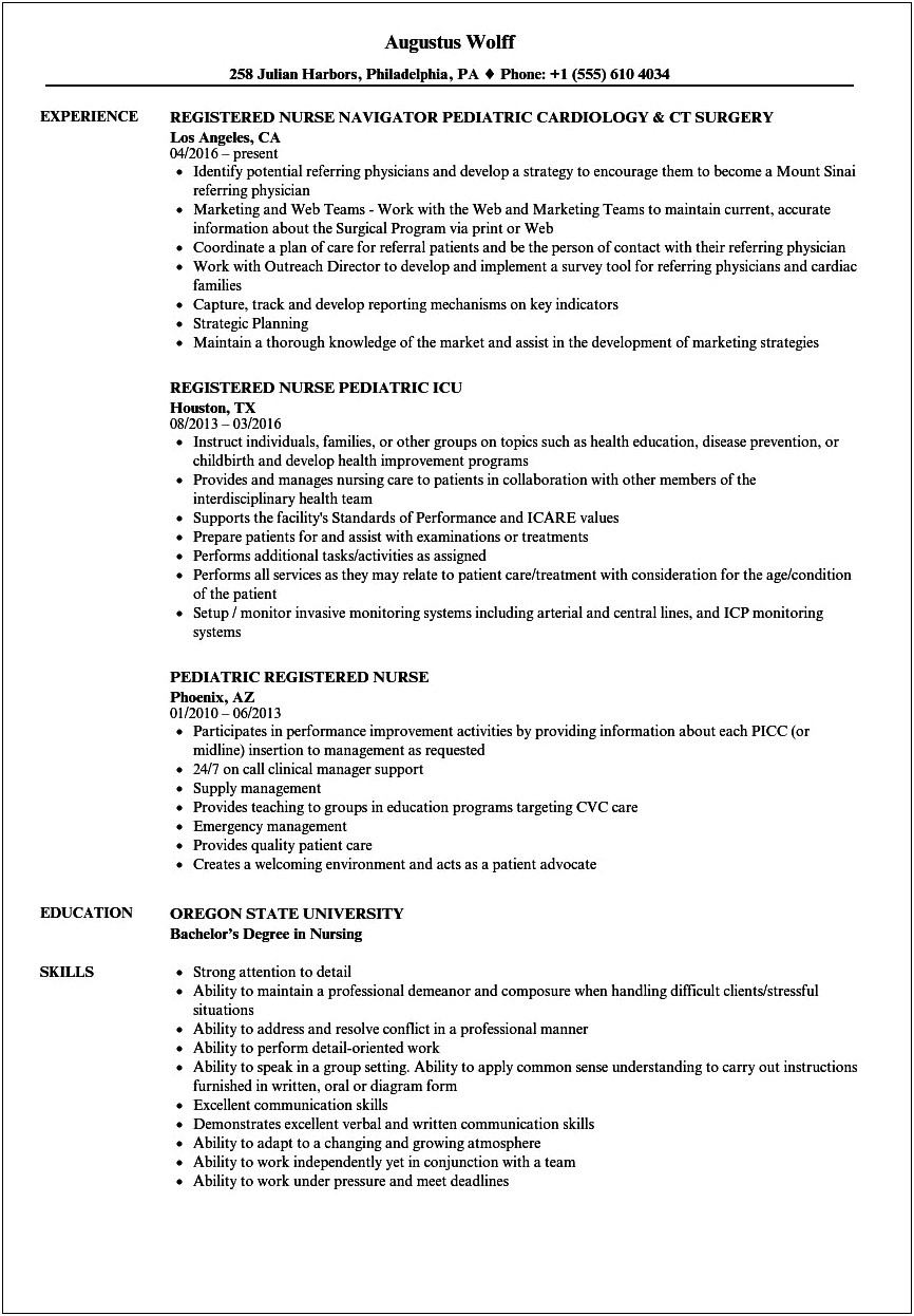 Pediatric Rn Outpatient Resume Examples