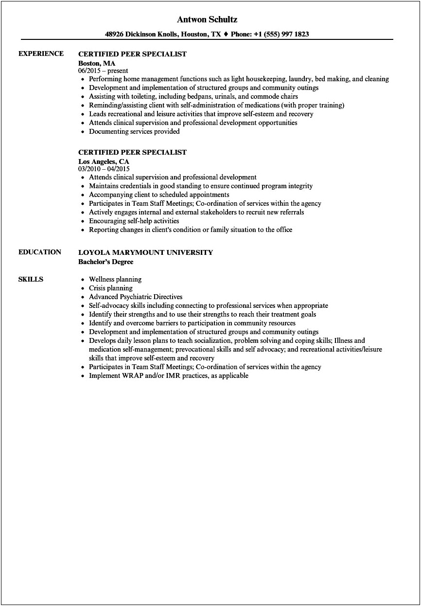 Peer Support Specialist Job Description Resume
