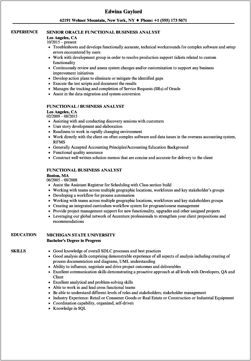 Peoplesoft Business Analyst Sample Resume