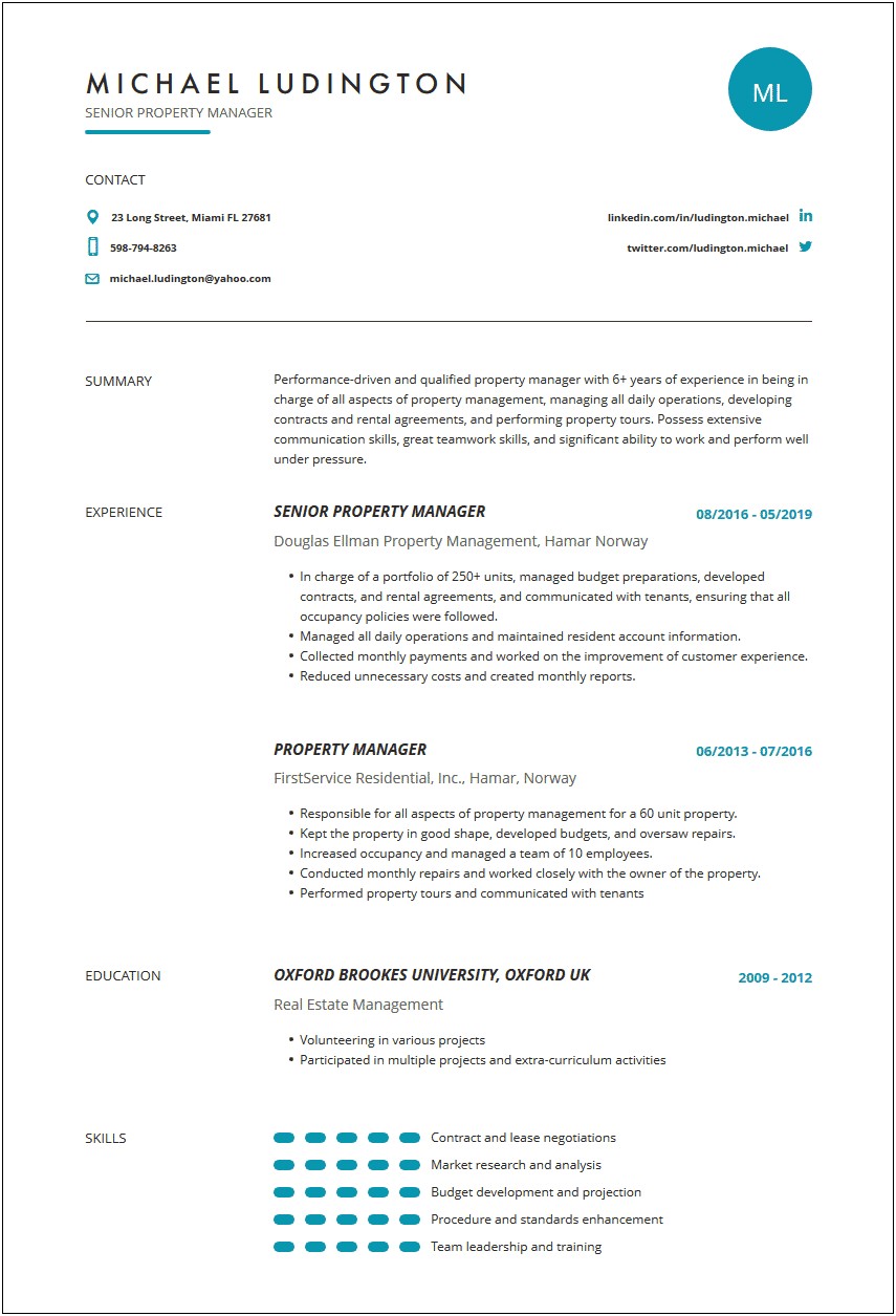 Perfect Resume For Property Manager