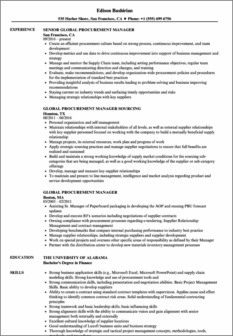 Perfect Resume For Purchase Manager