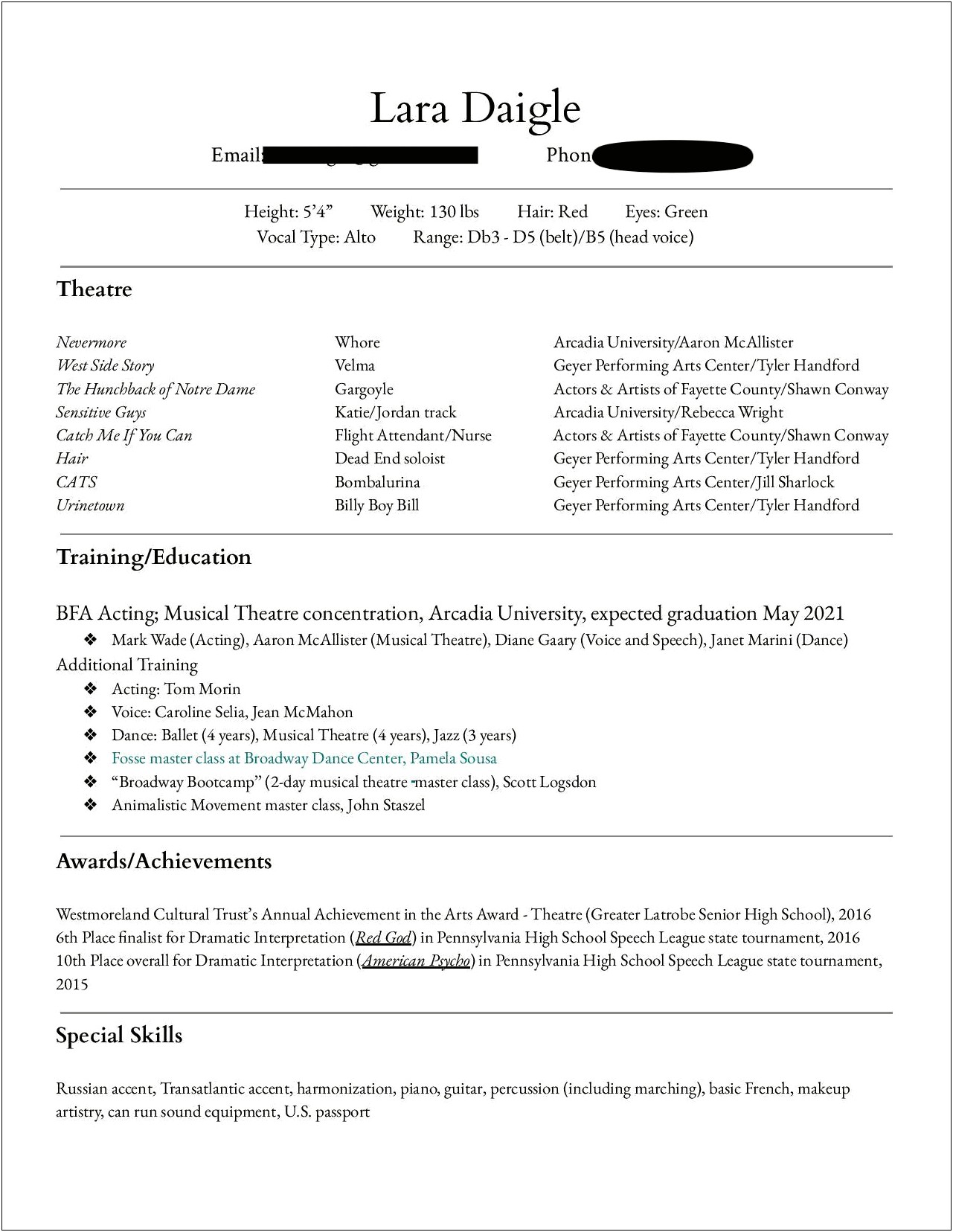 Performer Resume And Special Skills
