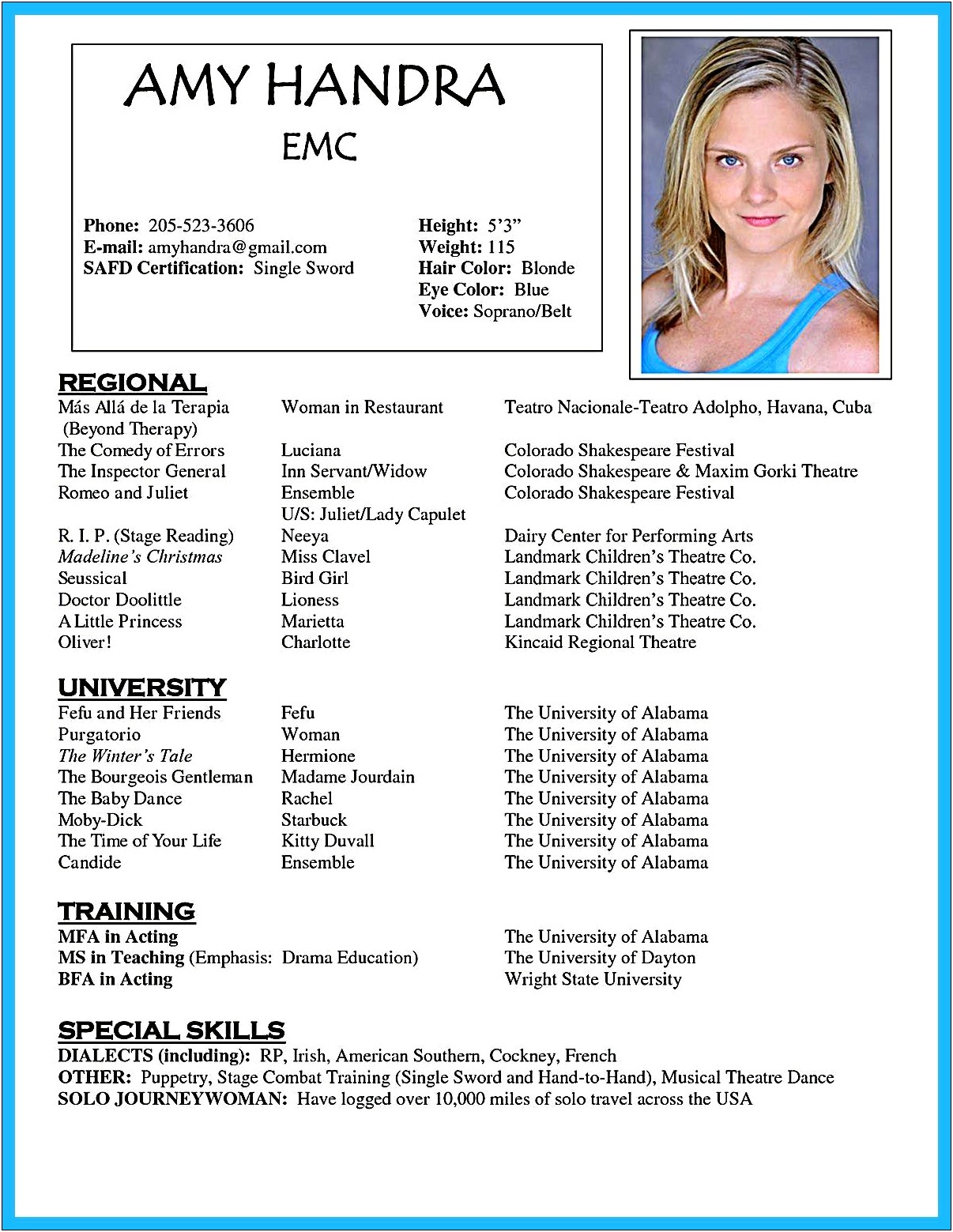 Performing Skills For Acting Resume
