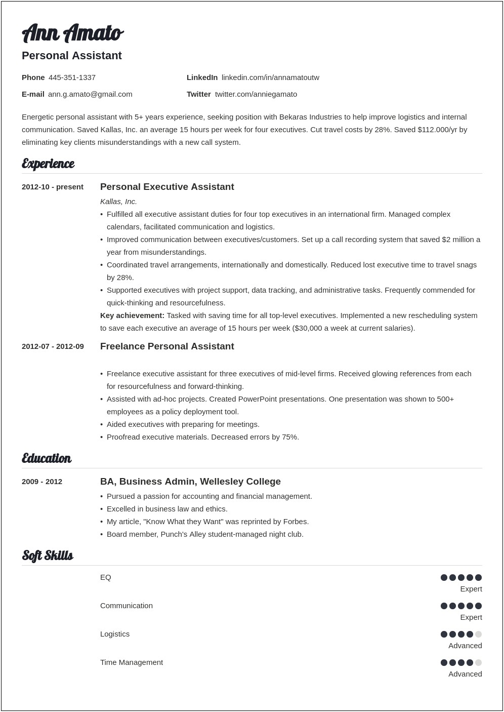Personal Assistant Resume Objective Example