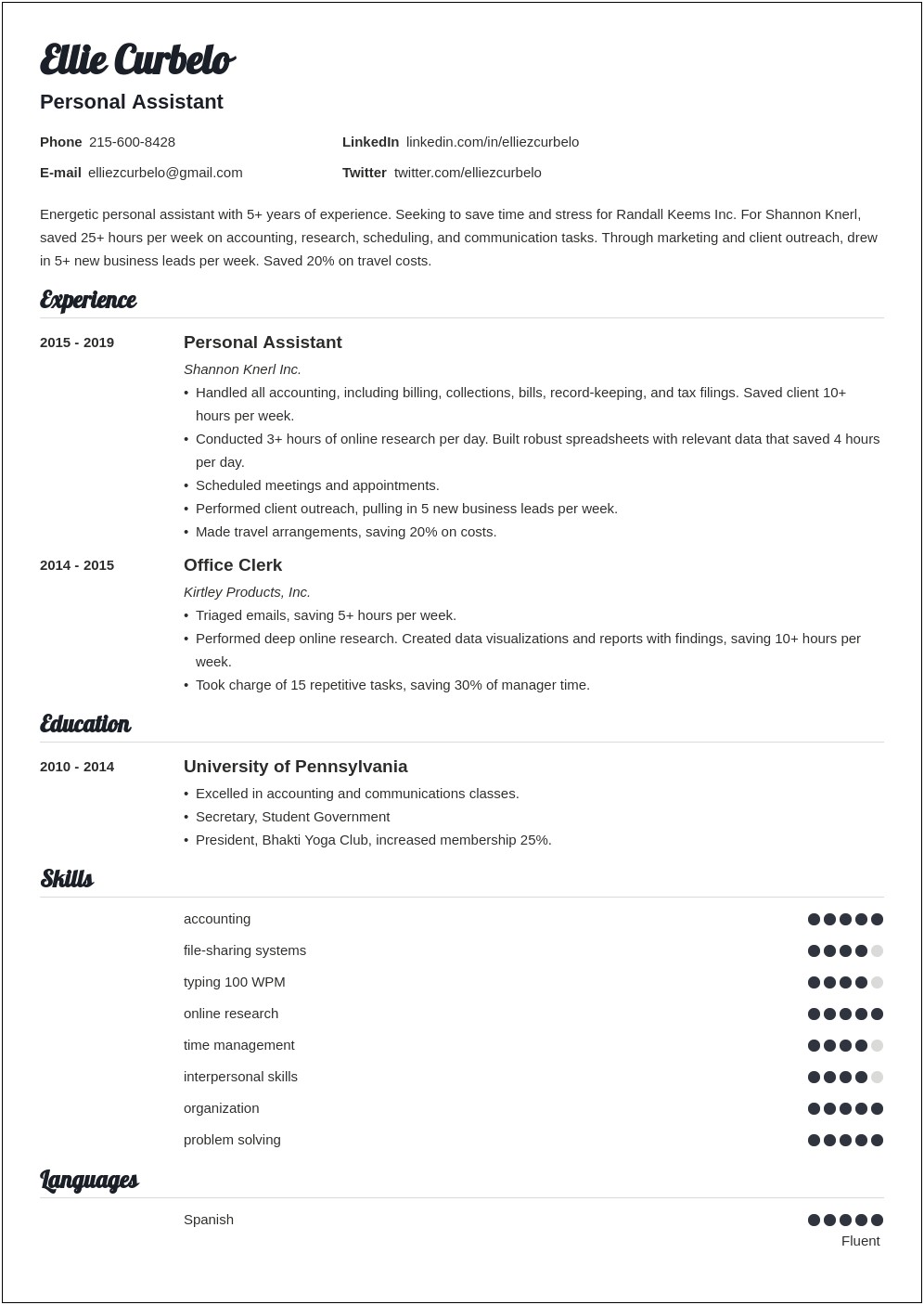 Personal Assistant Resume Summary Examples