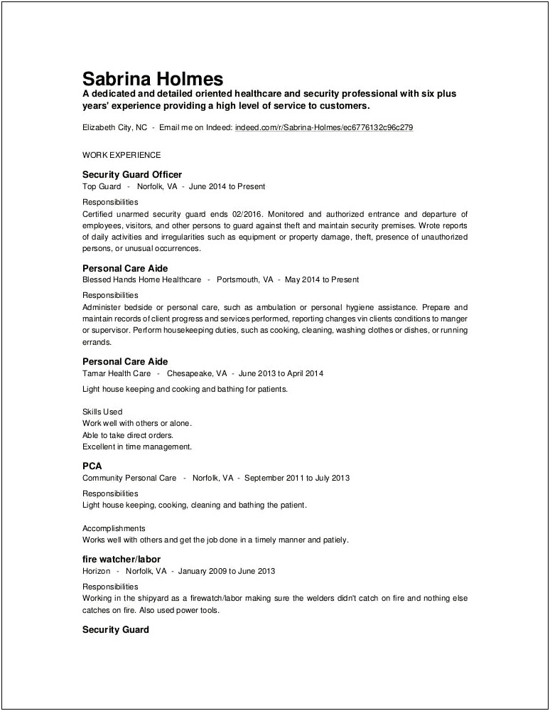 Personal Care Aide Job Description For Resume