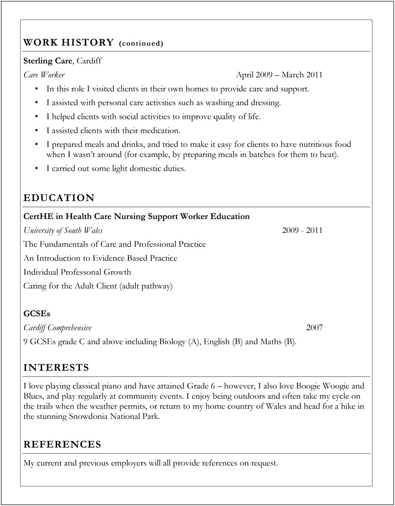 Personal Care Assistant Example Resume