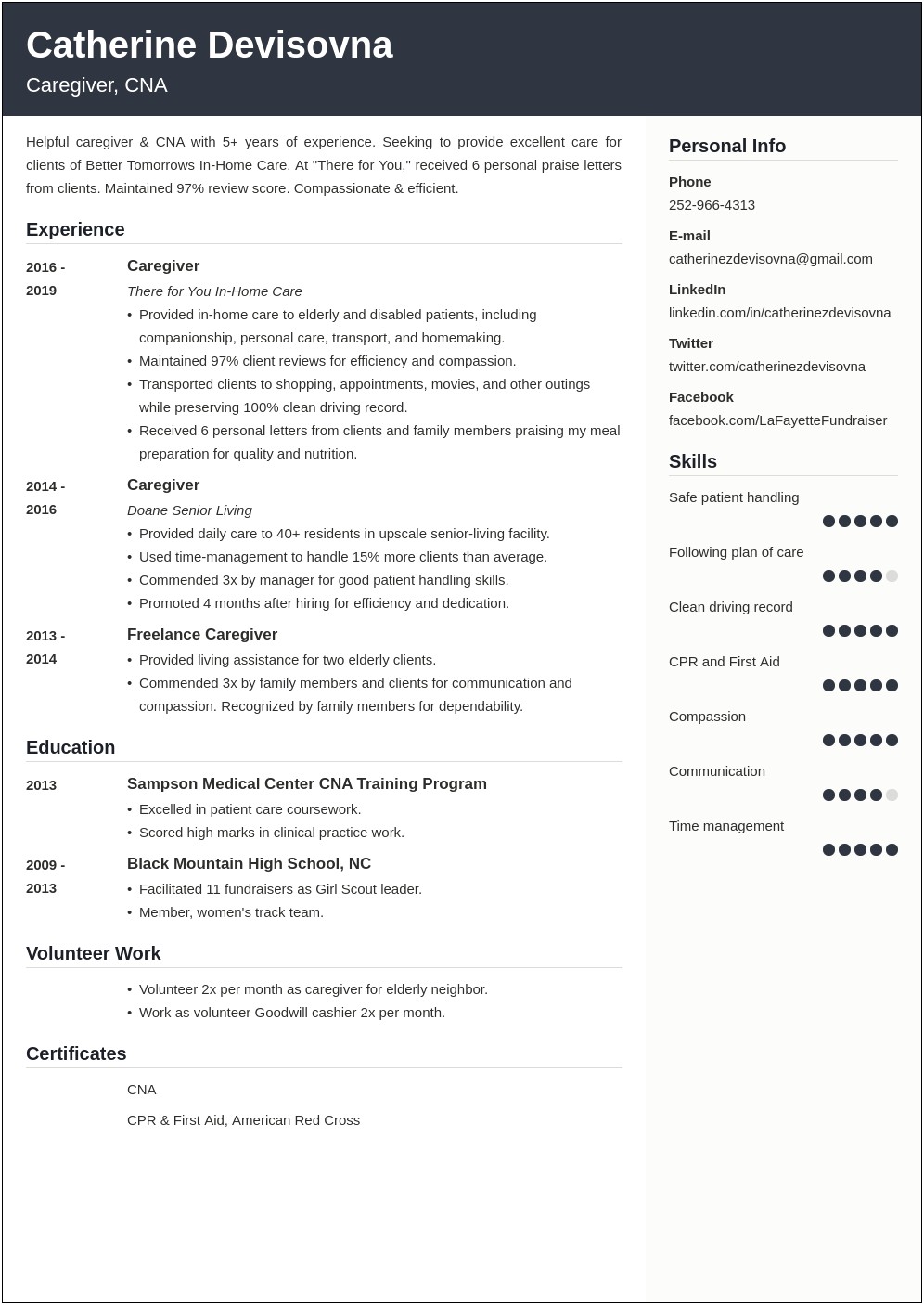 Personal Care Assistant Job Resume