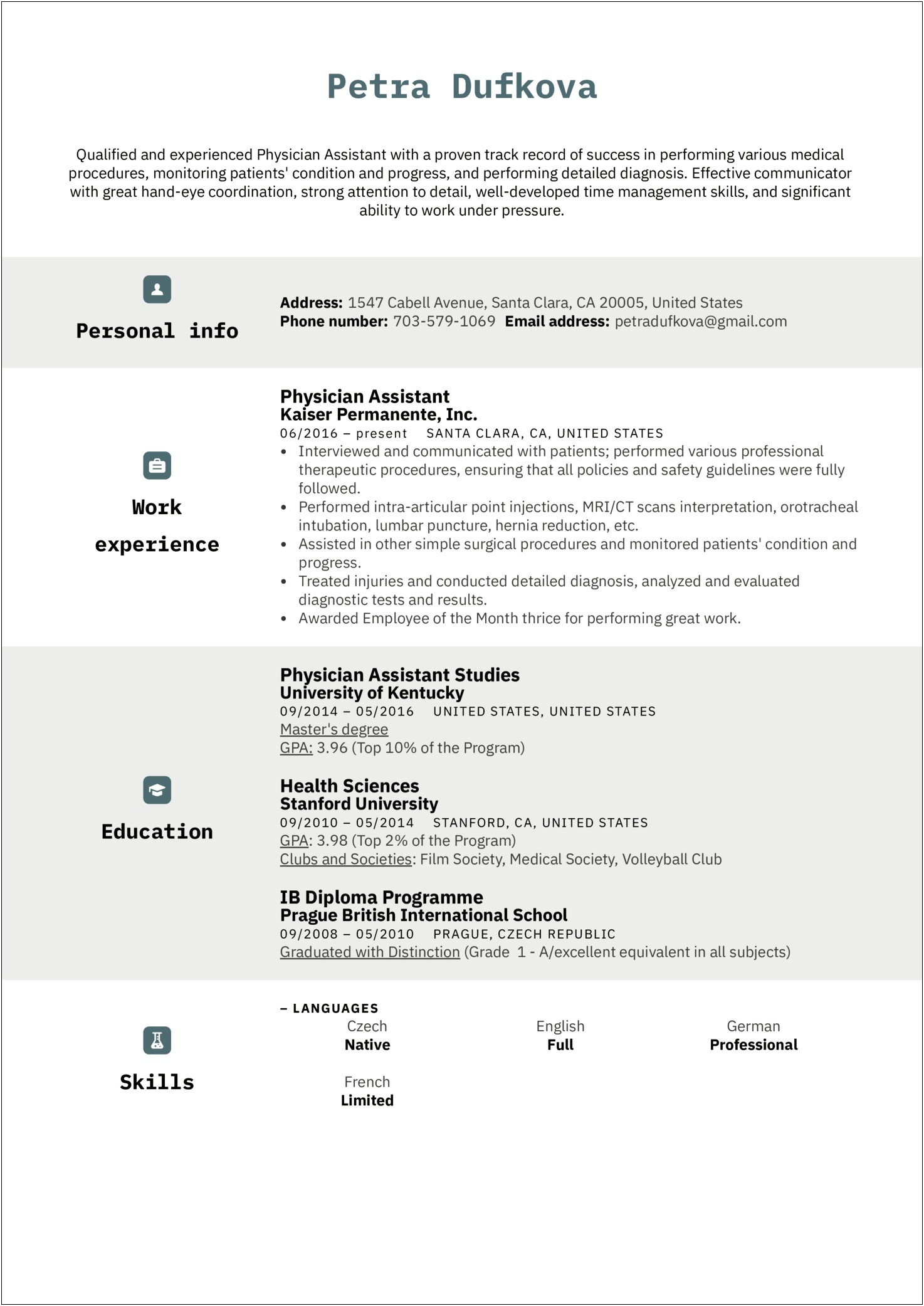 Personal Experience For A Dermatologist Resume