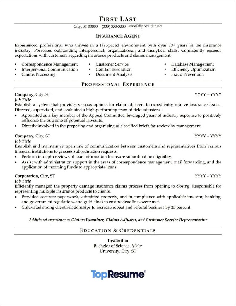 Personal Lines Insurance Agent Resume Examples