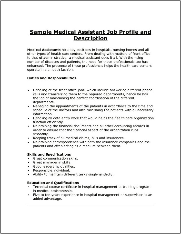 Personal Medical Assistant Description For Resume
