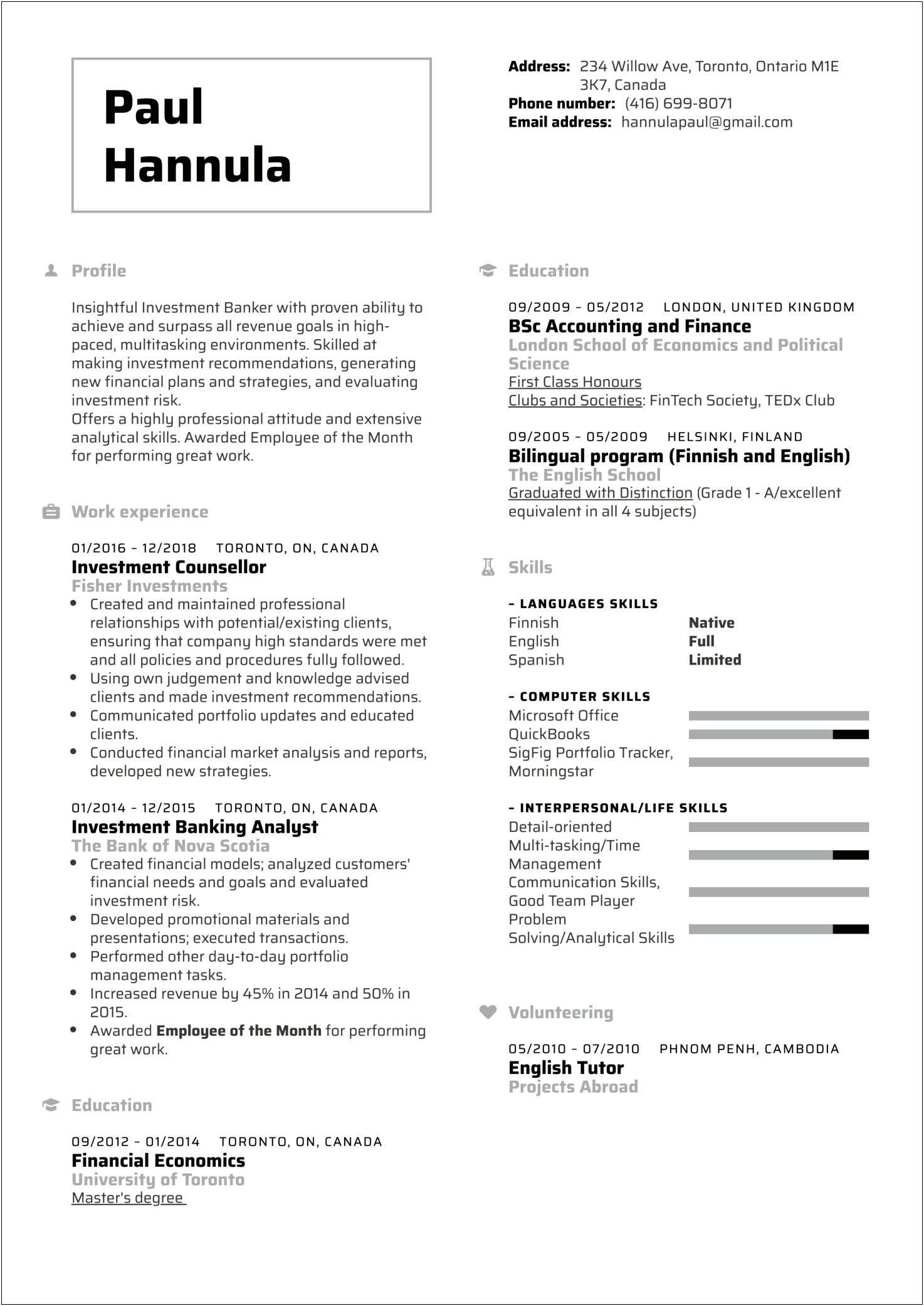 Personal Namkig Specialist Resume Example
