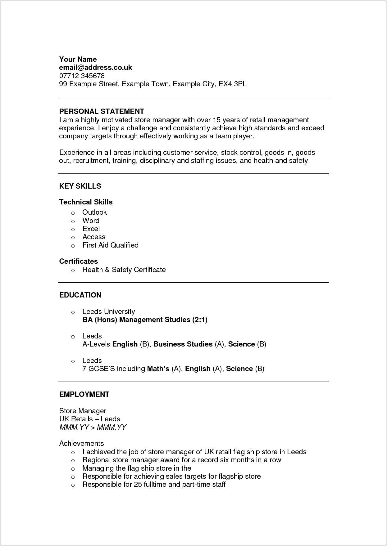 Personal Statement In Resume Examples