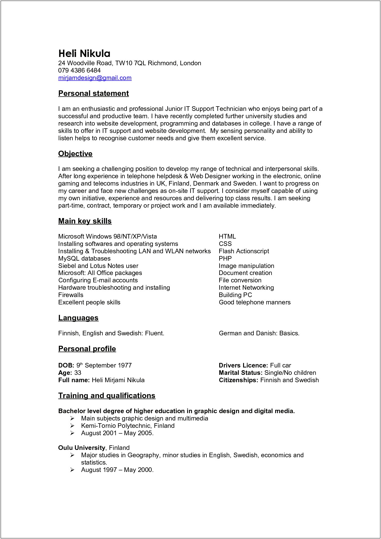 Personal Statement In Resume Sample