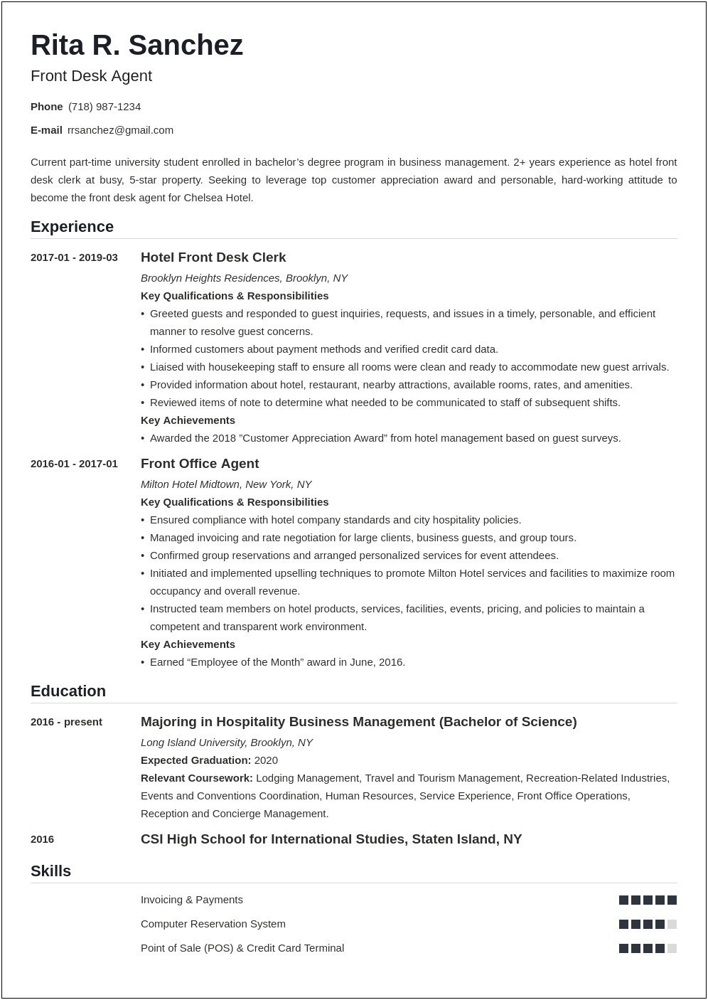 Personal Summary For Resume Front Desk Samples