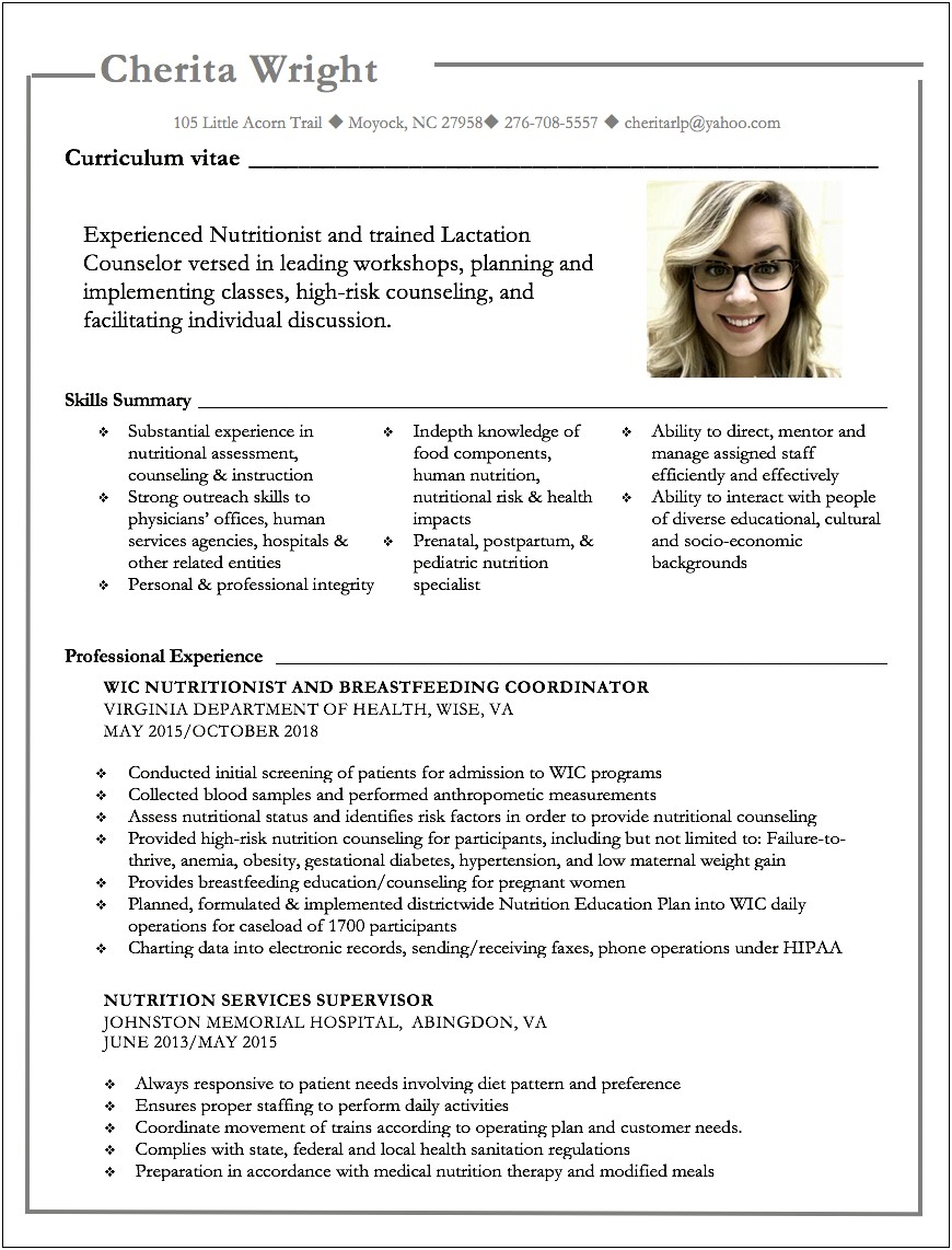 Personal Summary For Resume Wic Nutritionist