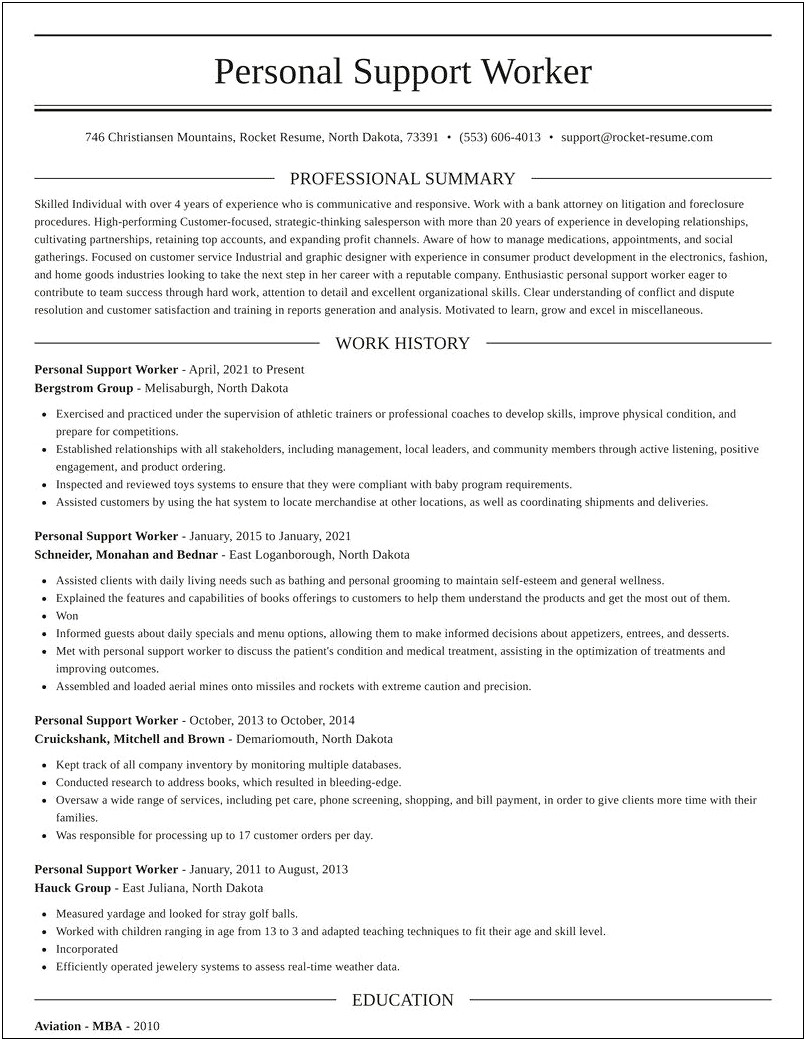Personal Support Worker Resume Example