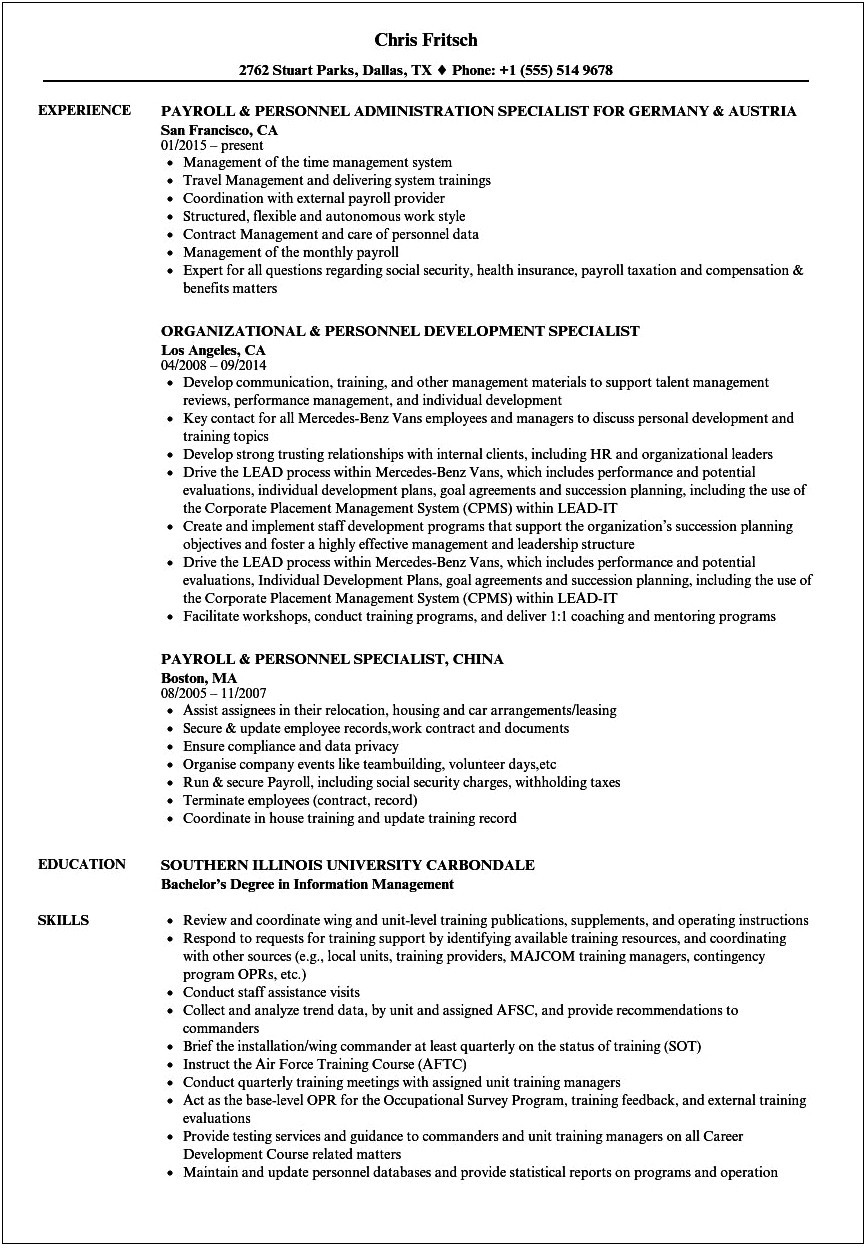 Personnel Specialist Skills On Resume