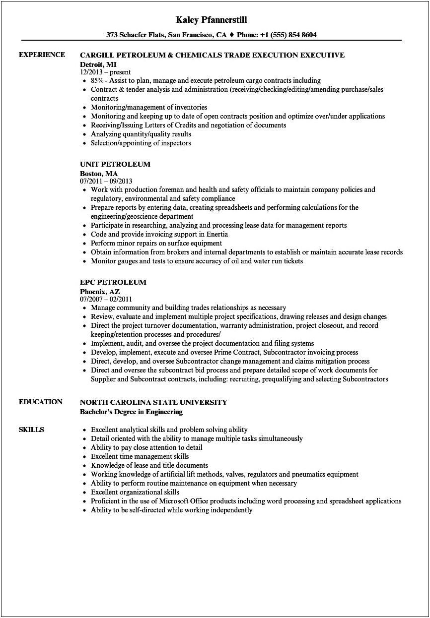 Petrochemical Entry Level Resume Example