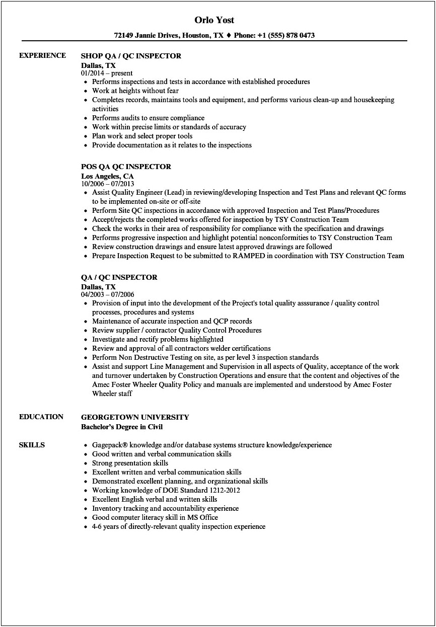 Petrochemical Field Inspector Resume Example Entry Level