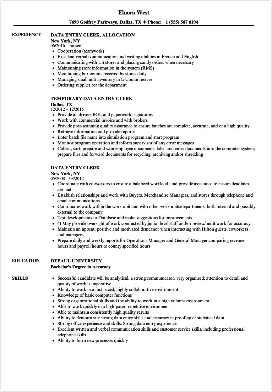 Pharmaceutical Data Entry Resume Job Description
