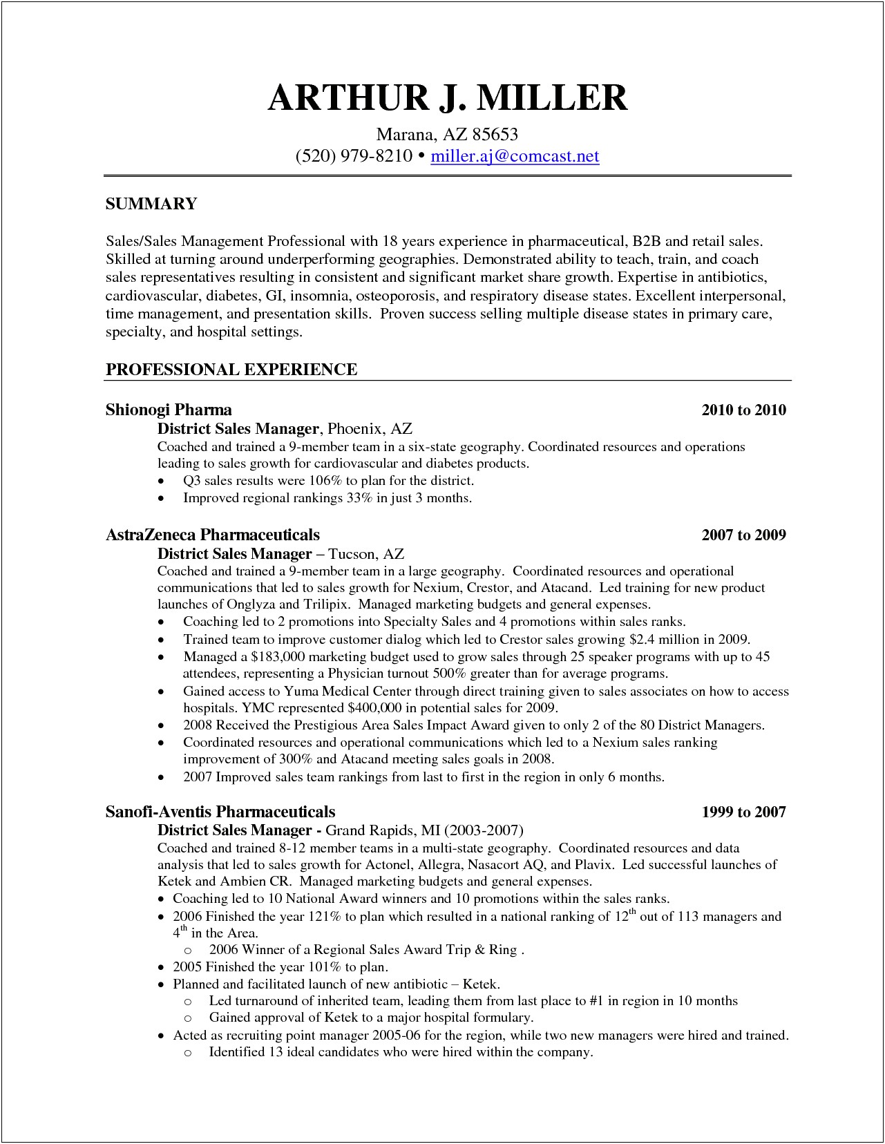 Pharmaceutical District Sales Manager Resume