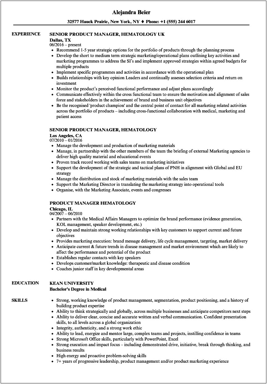 Pharmaceutical Product Manager Resume Sample