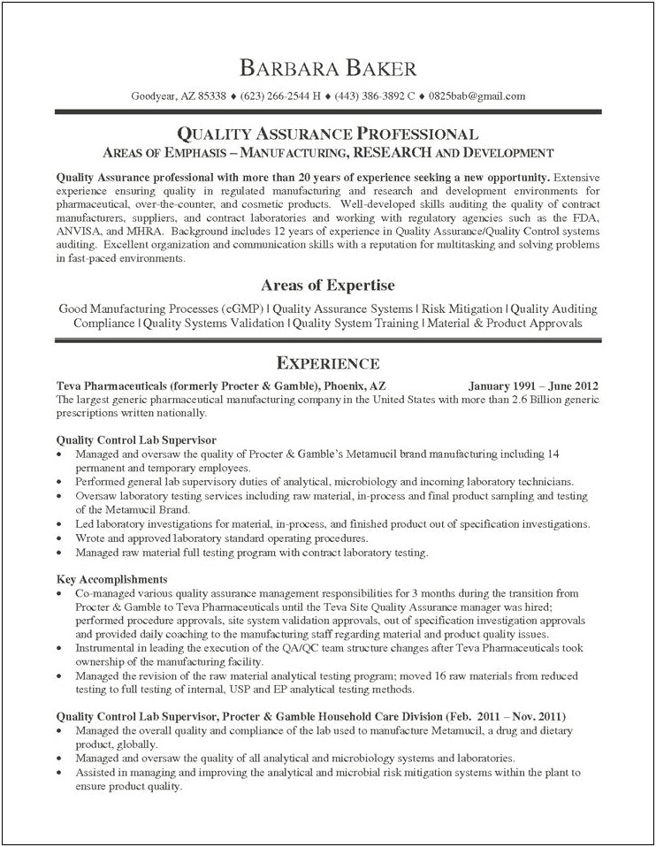 Pharmaceutical Quality Assurance Manager Resume