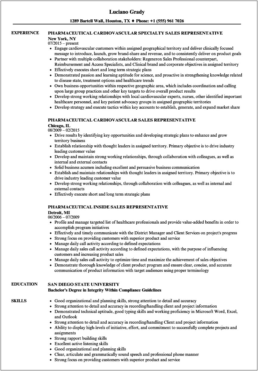 Pharmacuetical Sales Rep Resume Objectives