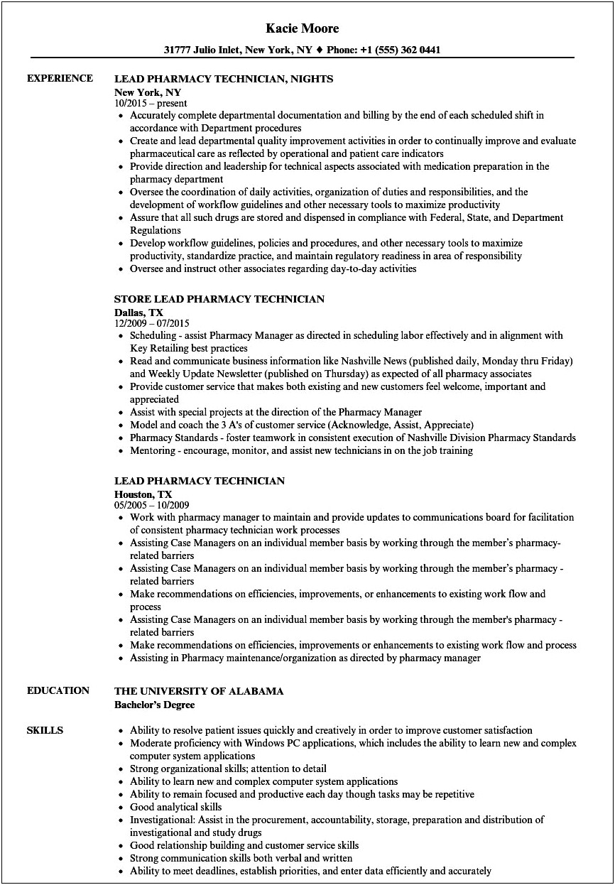 Pharmacy Tech Job Description For Resume