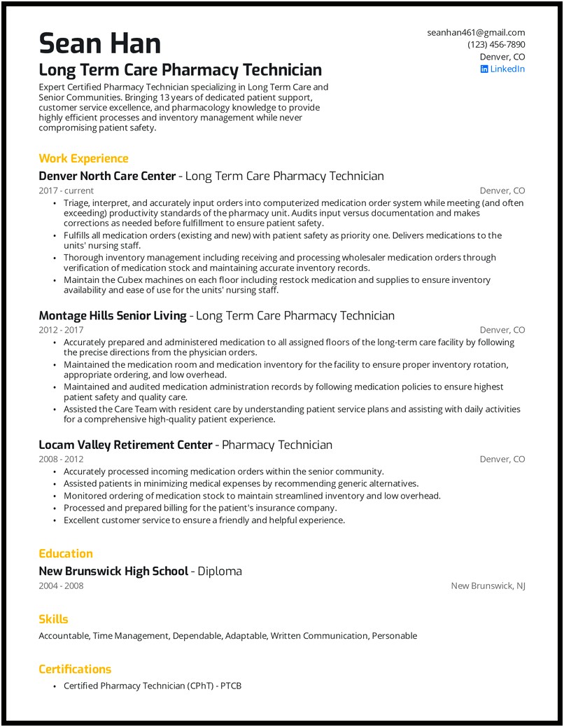 Pharmacy Tech Resume Entry Examples