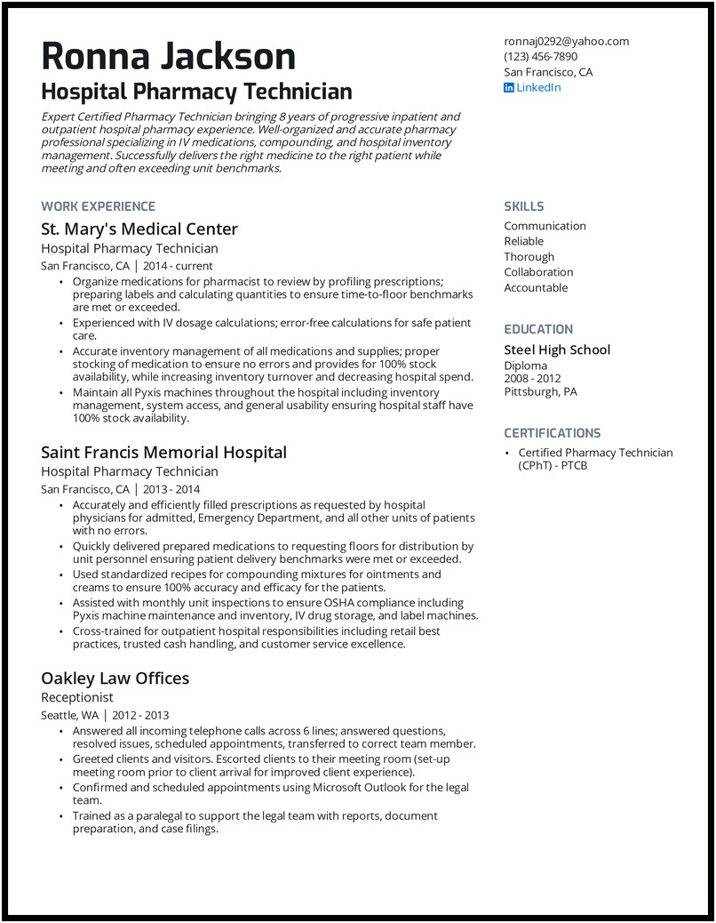 Pharmacy Technician Job Responsibilities Resume