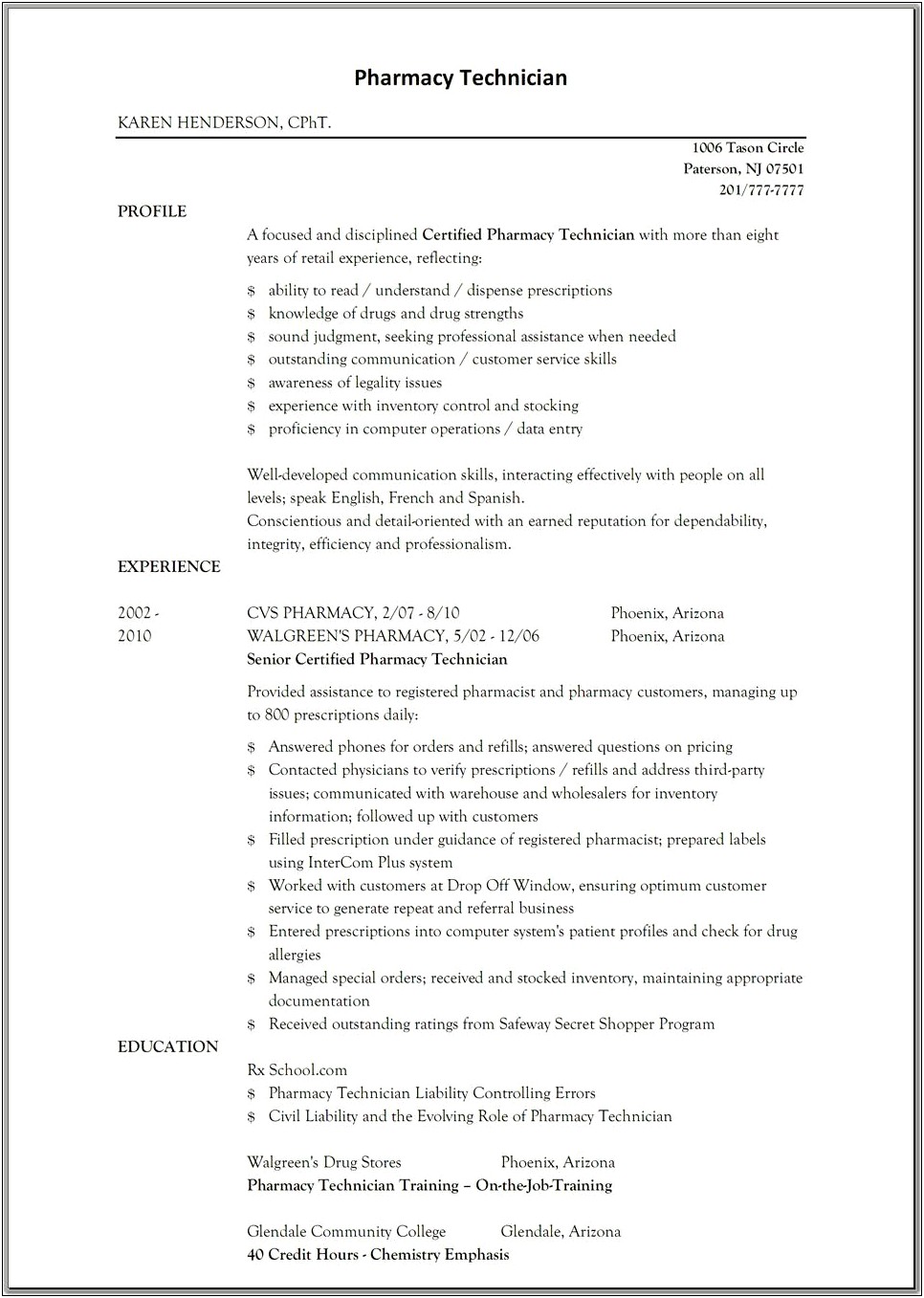 Pharmacy Technician Retail Job Description Resume