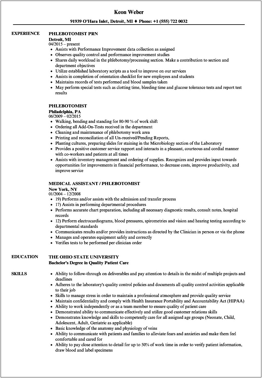 Phlebotomist Resume Job Description Hospital