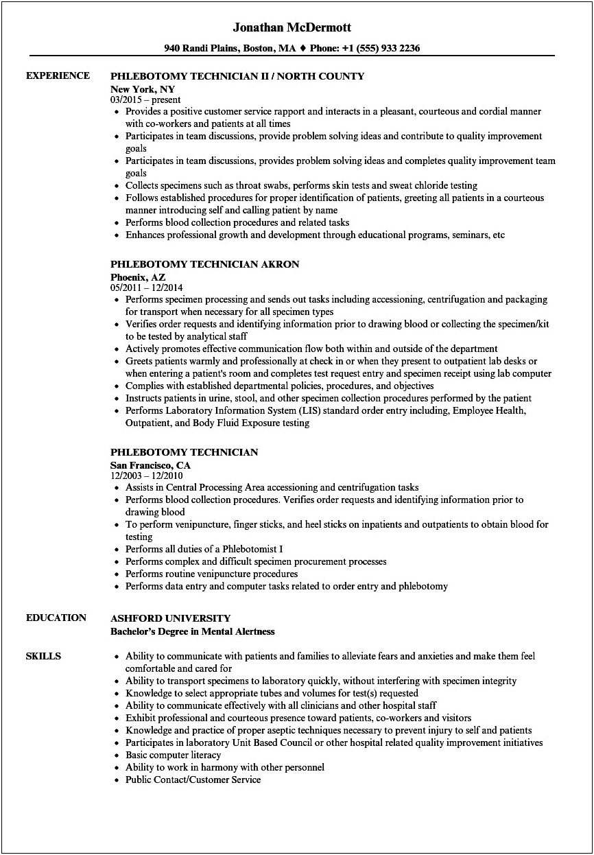 Phlebotomist Resume Objective No Experience
