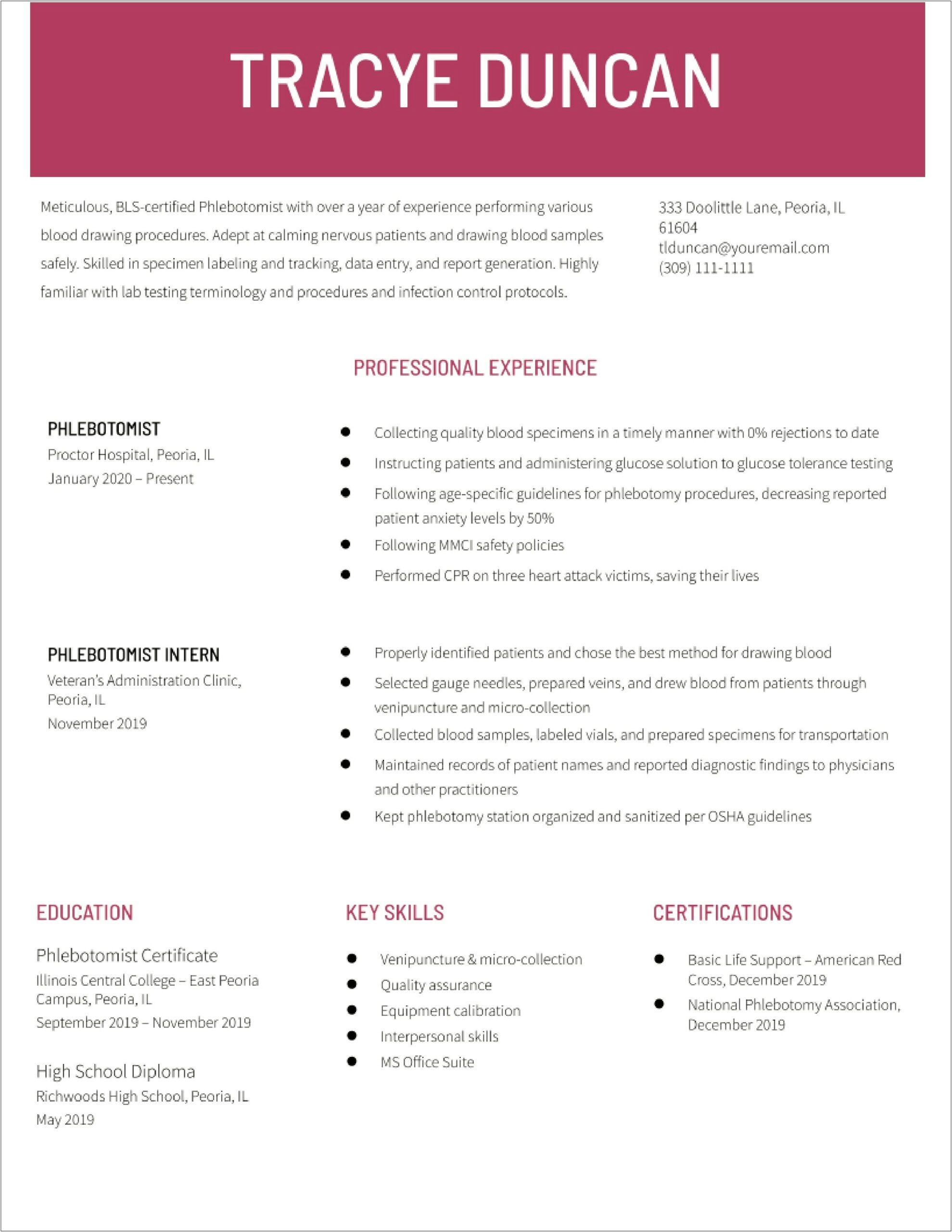 Phlebotomy Resume Examples For New Grads
