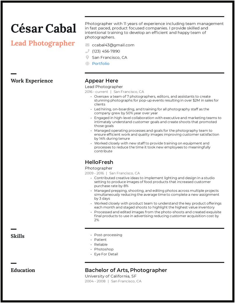 Photographer Skills For A Resume