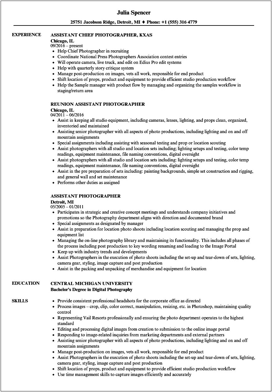 Photographers Job Description For Resume