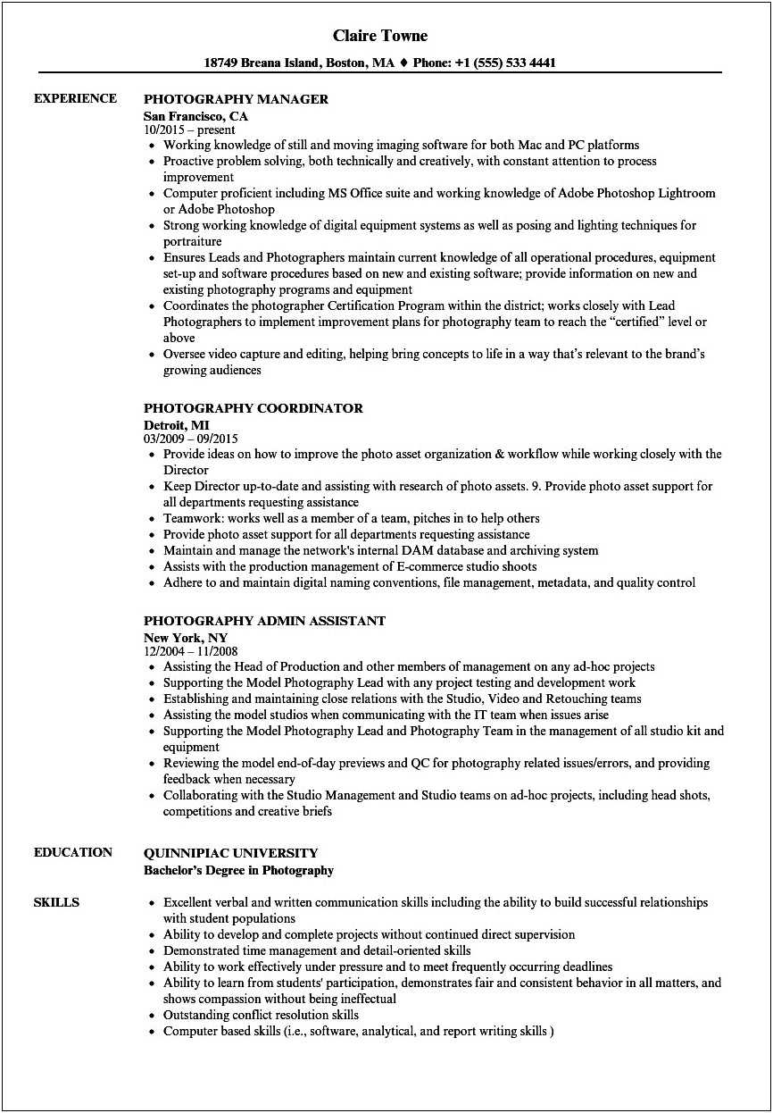 Photography Experience As A Hobby In Resume