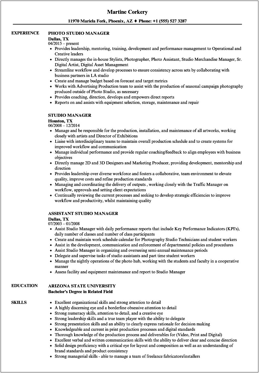 Photography Studio Manager Resume Sample