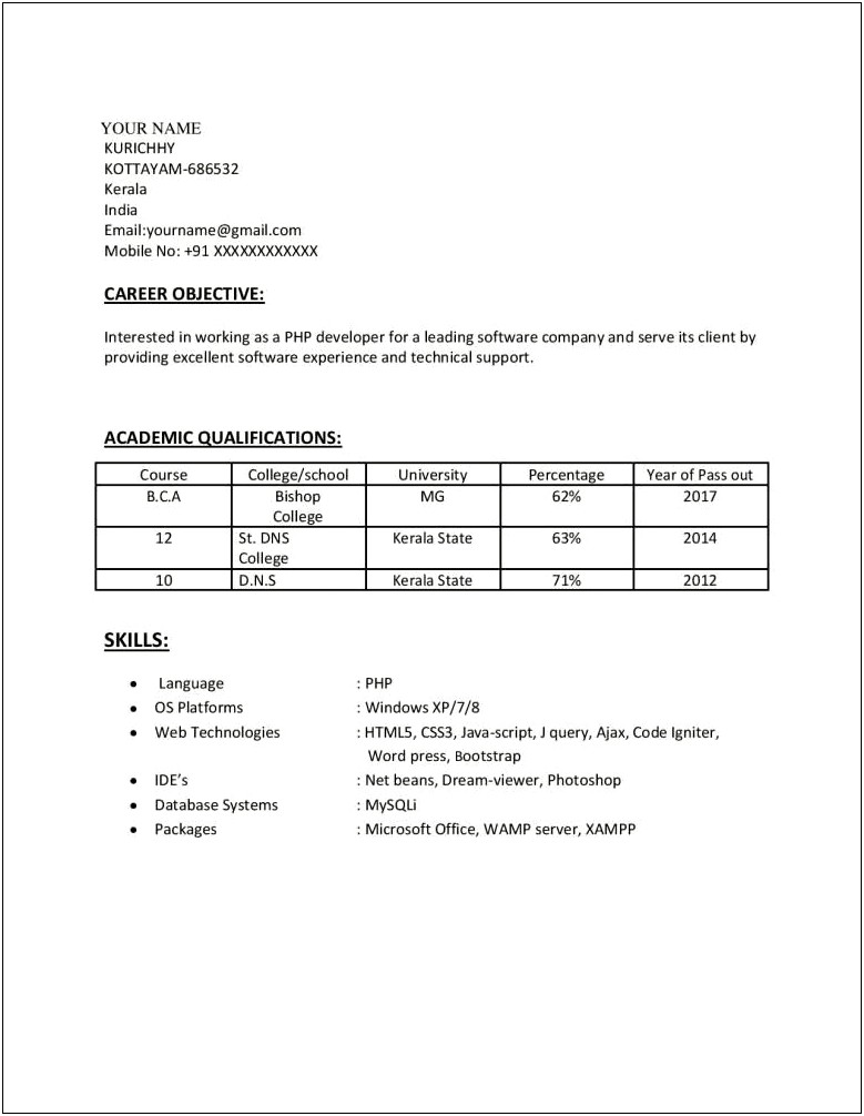 Php 1 Year Experience Resume Sample