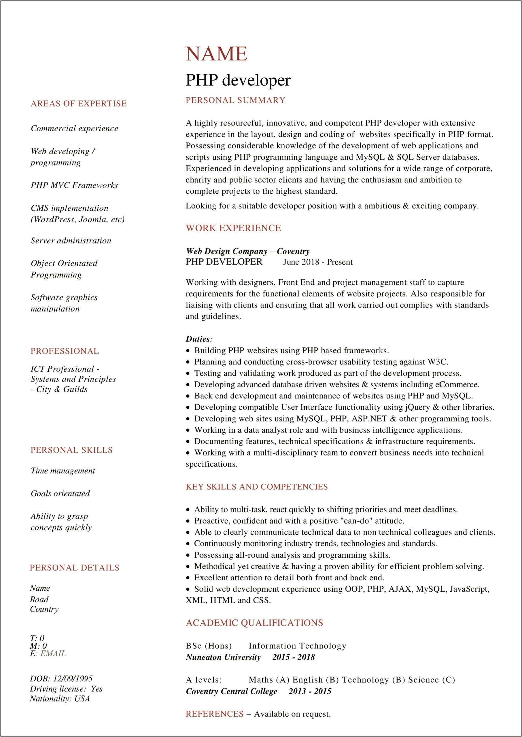 Php Developer Resume Format For 1 Year Experience