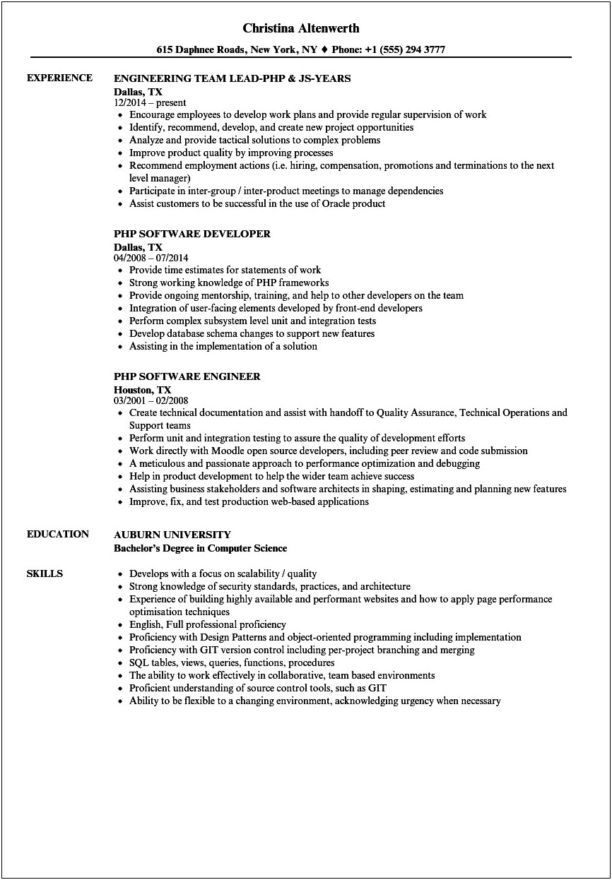 Php Experience Resume Free Download
